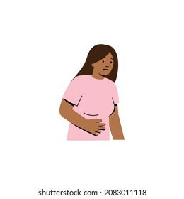 Period pain vector illustration. Flat character - young woman wearing pink t-shirt - having menstrual cramps and holding hand on lower abdomen. Pain, bellyache, discomfort, health concept.