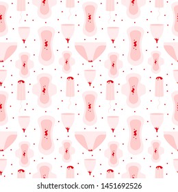 Period Party Seamless Pattern With Female Hygiene Products. Tampons, Pads, Panties And Menstrual Cup. Vector Illustration