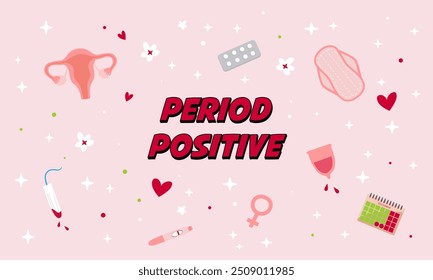 Periodische positive Beschriftung mit floraler Dekoration. Zitat über Menstruation. Moderne Phrase, bunte Inschrift. T-Shirt, Poster, Banner Typografie Design. Vektor.