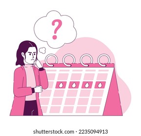 Period problem flat concept vector illustration. Thoughtful woman with calendar. Editable 2D cartoon character on white for web design. Menstruation creative idea for website, mobile, presentation