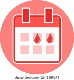 Ícone vermelho-rosa do Period tracker, com um calendário menstrual com símbolo de menstruação de sangue.