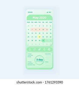 Period Tracker Smartphone Interface Vektorvorlage. Mobile App-Seite, weißes und grünes Design-Layout. Bildschirm des Simulationskalenders. Flache Benutzeroberfläche für Anwendungen. Überprüfen Sie den weiblichen Hormonzyklus. Telefonanzeige