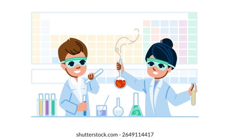 periodic chemistry school education vector. elements solutions, acids bases, equilibrium thermodynamics periodic chemistry school education character. people flat cartoon illustration