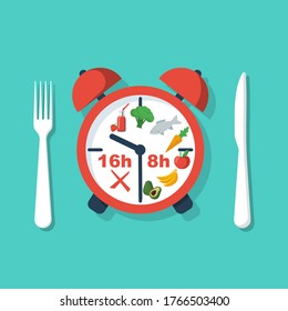 Periodic fasting. Protocol nutrition 16/8. Time for food and time for hunger. Vector illustration flat design. Isolated on white background. Healthy foods. Modern scheme of eating food.
