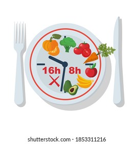 Ayuno periódico. Nutrición del Protocolo 16/8. Es hora de comer y de pasar hambre. Diseño plano de ilustración vectorial. Aislado sobre fondo blanco. Alimentos saludables. Moderno esquema de comida. 