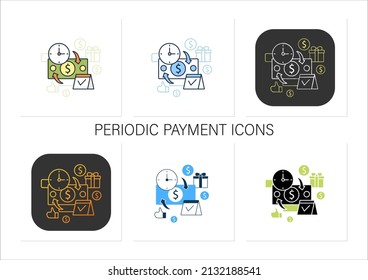 Periodic payment icons set. Recurring payments. Contribute funds as scheduled. Universal basic income concept.Collection of icons in linear, filled, color styles.Isolated vector illustrations