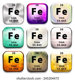 A periodic table button showing Iron on a white background