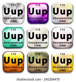 Un botón de tabla periódica que muestra Ununpentium en un fondo blanco