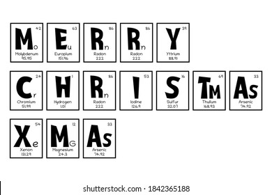 Periodic table Christmas and New Year celebration poster, greeting card. Mendeleev table elements design for a holiday ornament, for school university teacher, laboratory person