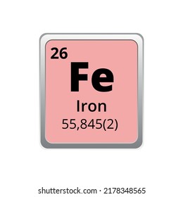 Periodic table element iron icon on white background, square vector illustration with gradient, vector icon with molar mass and atomic number for lab, science or chemistry class.