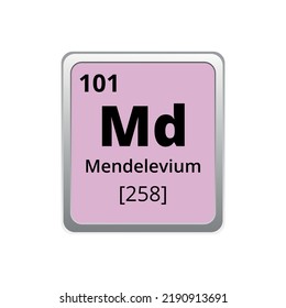 Icono de mendelevium de elemento de tabla periódica sobre fondo blanco, ilustración de vector cuadrado con gradiente, icono de vector con masa molar y número atómico para clase de laboratorio, ciencia o química.