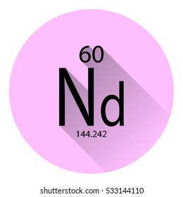The periodic table element Neodymium with the basic properties. Flat style with long shadow.