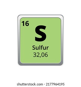 Periodic table element sulfur icon on white background, square vector illustration with gradient, vector icon with molar mass and atomic number for lab, science or chemistry class.