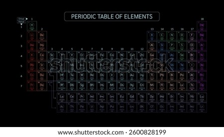 Periodic table of elements. Chemical chart. Minerals sample 118 type on black background. Science discoveries concept. Poster for scientific printing. Vector EPS10.