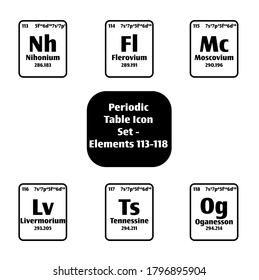 Periodic Table of Elements Icon button set in black and white Elements atomic number 113-118 for science concepts and experiments.	