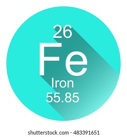 Periodic Table of Elements - Iron. Round flat icon with long shadow.