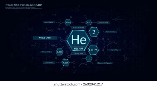Periodic table of helium (He) element. Noble gases, State gas. Chemical chart sample in hexagonal molecules form. Science minerals concept. Background poster for scientific printing. Vector EPS10.