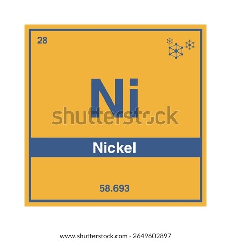 Periodic table of nickel, highlighting atomic number 28 with symbol Ni isolated on transparent background.
