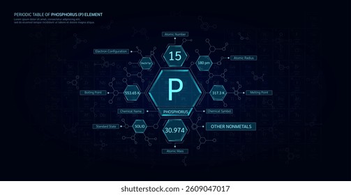 Periodic table of Phosphorus (P) element. Other nonmetals, State solid. Chemical chart sample in hexagonal molecules form. Science minerals concept. Background for scientific printing. Vector.