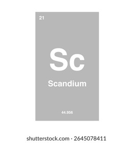 Periodic table of scandium, highlighting atomic number 21 and atomic weight 44.956 with symbol Sc isolated on transparent background.