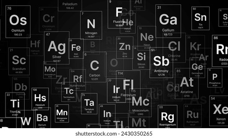 Elementos químicos periódicos sobre fondo negro. Telón de fondo de la ciencia educativa. Ilustración vectorial.