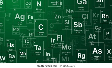 Elementos químicos periódicos sobre fondo verde. Telón de fondo de la ciencia educativa. Ilustración vectorial.