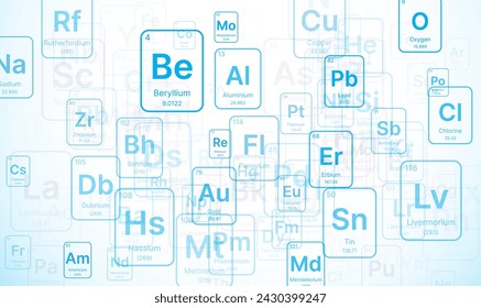 Elementos químicos periódicos sobre fondo blanco. Telón de fondo de la ciencia educativa. Ilustración vectorial.