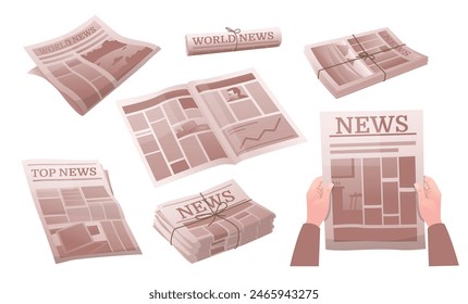 Periodical printing. Daily tabloids. Folded or unfolded newspapers. News columns. Sheets of paper with printing ink. Journal reportage. Press publication bulletin