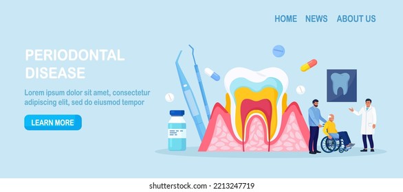 Periodontal disease. Doctor dentist checking tooth, examines patient with periodontitis. Dentistry and healthy teeth. Hygiene oral care. Stomatology. Medical dental checkup. Inflammatory gum disease