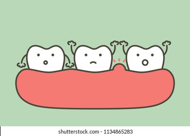 periodontitis or gum disease with swell ( swollen on gum and tooth because inflammation ), dental problem - teeth cartoon vector flat style cute character for design