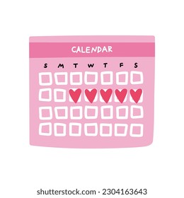 Periods calendar, menstruation tracker pink doodle vector illustration isolated on white. Cute hand drawn pregnancy planning calendar, fertility ovulation tracker, female health care concept.