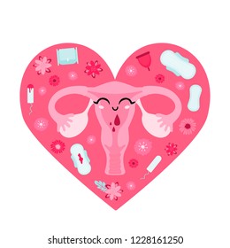 Periods. Menstruation. Flat vector illustration with uterus character, tampons, pads,  and flowers. Feminine hygiene
