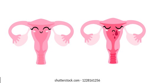Periods. Menstruation. Flat vector illustration with uterus characters. Feminine hygiene
