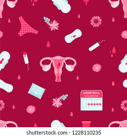 Periods. Menstruation. Modern flat vector seamless pattern with tampons, pads, uterus and flowers. Feminine hygiene