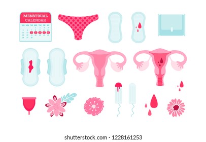 Periods. Menstruation. Modern Flat Vector Cartoon Set With Tampons, Pads, Uterus And Flowers. Feminine Hygiene