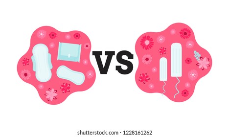 Periods. Menstruation. Modern flat vector illustration with  pads and tampons. Feminine hygiene