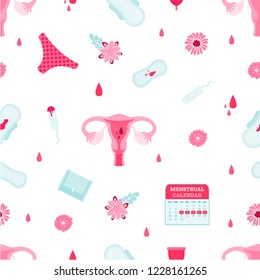 Periods. Menstruation. Modern flat vector seamless pattern with tampons, pads, uterus and flowers. Feminine hygiene
