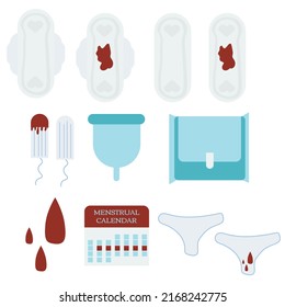  Periodos. Menstruación. Caricatura vectorial plana moderna con tampones, toallas, útero y flores. Higiene femenina