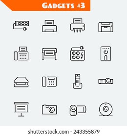 Peripheral devices and gadgets icon set: surge suppressor, printer, shredder, multifunction device, fax, plotter, UPS, scanner, phone, projector, screen, photo, video and web cameras