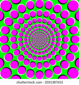 Peripheral drift illusion, PDI, a motion illusion on green background. It seems, the colorful magenta dots become bigger or drift outside, that when you move your eyes from one dot to another. Vector