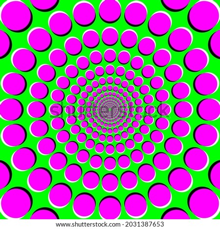 Peripheral drift illusion, PDI, a motion illusion on green background. It seems, the colorful magenta dots become bigger or drift outside, that when you move your eyes from one dot to another. Vector