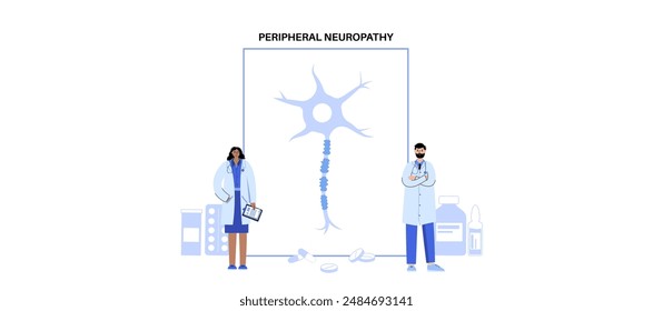 Peripheral neuropathy poster. Appointment with a neurologist. Nerve fiber with a damaged myelin sheath. Affected areas, indicating impaired signal transmission, pain and weakness. Diabetes or injury