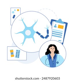 Peripheral neuropathy poster. Appointment with a neurologist. Nerve fiber with a damaged myelin sheath. Affected areas, indicating impaired signal transmission, pain and weakness. Diabetes or injury