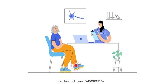 Peripheral neuropathy poster. Appointment with a neurologist. Old age lady in clinic Nerve fiber with a damaged myelin sheath. Affected areas, indicating impaired signal transmission, pain, weakness