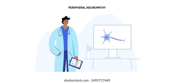 Peripheral neuropathy poster. Appointment with a neurologist. Nerve fiber with a damaged myelin sheath. Affected areas, indicating impaired signal transmission, pain and weakness. Diabetes or injury