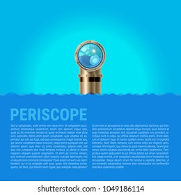 Periscope Background, Sea Waves Vector Background. Metal Periscope With A Sparkling Lens In The Waves Above The Water. Spy Or Surveillance Concept. Ideal For Poster Or Web Banner.