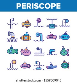 Periscope Collection Elements Icons Set Vector Thin Line. Military Submarine Vision Equipment Periscope, Nautical Boat Device Concept Linear Pictograms. Color Illustrations