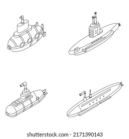 Iconos de Periscope establecidos. Conjunto isométrico de iconos vectoriales del periscopio contorno aislado en fondo blanco