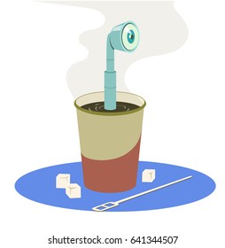 A periscope peeks out from paper cup with drink. Vector illustration.