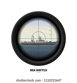 Periscope Of Submarine. Military Weapon View. Sea Battle. Warship Image. Battleship In Ocean. Vector Illustration